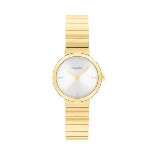 Calvin Klein gold stainless steel watch with 25mm silver dial, metal strap, quartz movement, scratch-resistant glass, and water resistance.