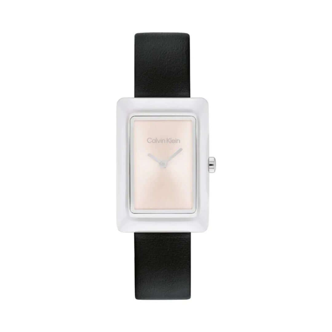 Calvin Klein women's watch with silver stainless steel case, pink dial, black leather strap, and scratch-resistant quartz movement.