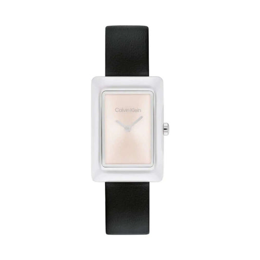 Calvin Klein women's watch with silver stainless steel case, pink dial, black leather strap, and scratch-resistant quartz movement.