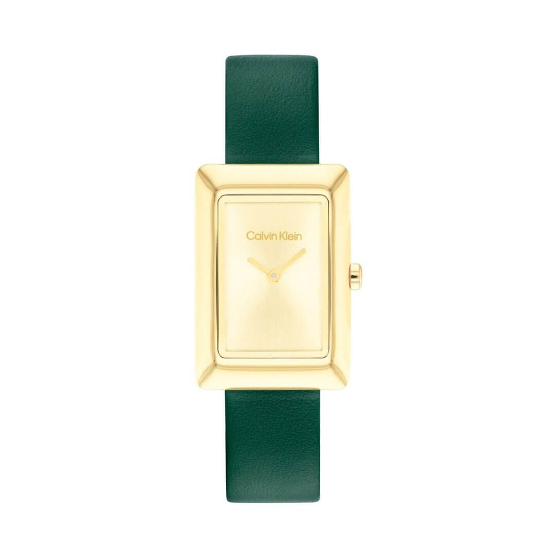 Calvin Klein gold-tone stainless steel watch with green leather strap, scratch-resistant quartz movement, and water-resistant feature.