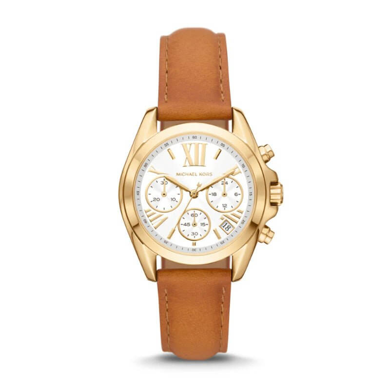 Michael Kors 36mm gold stainless steel case, white dial, quartz movement watch with a tan leather strap